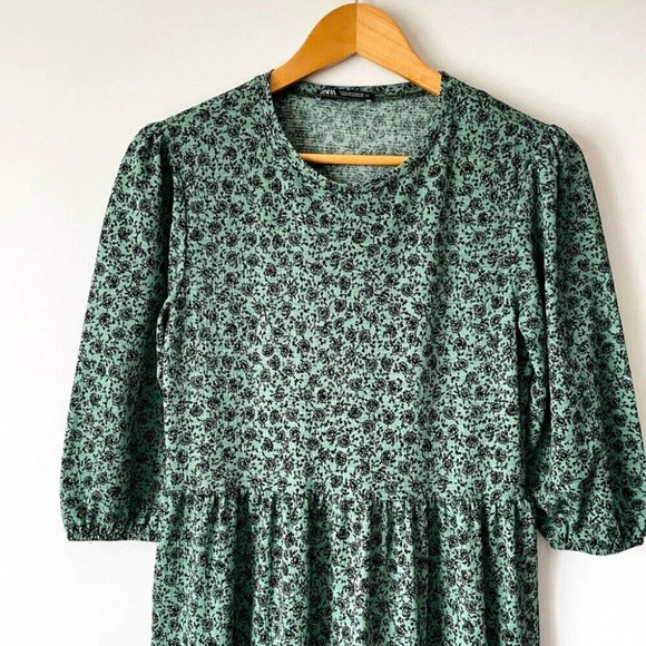 Zara Tiered Floral Midi Dress  Green Black Size Small - Picture 5 of 8